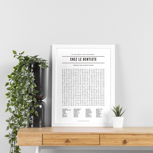 Poster Mots Mêles Chez le dentiste - Affiche minimalistes Chez le dentiste - Affiche salle d'attente par Le Temps des Paillettes - Le Temps des Paillettes