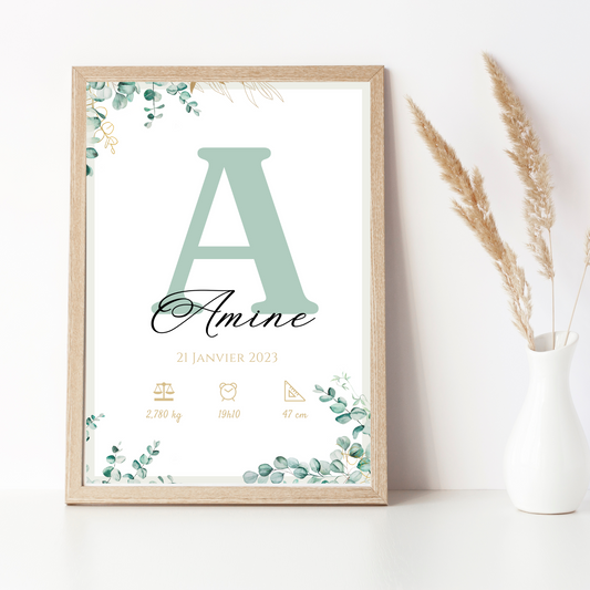 Affiche de naissance personnalisée prénom initiale vert eucalyptus - Cadeau de naissance personnalisé par Le Temps des Paillettes - Le Temps des Paillettes