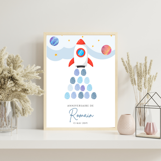 Arbre à empreintes personnalisé baptême / anniversaire - Décoration fusée et espace par le Temps des Paillettes - Le Temps des Paillettes