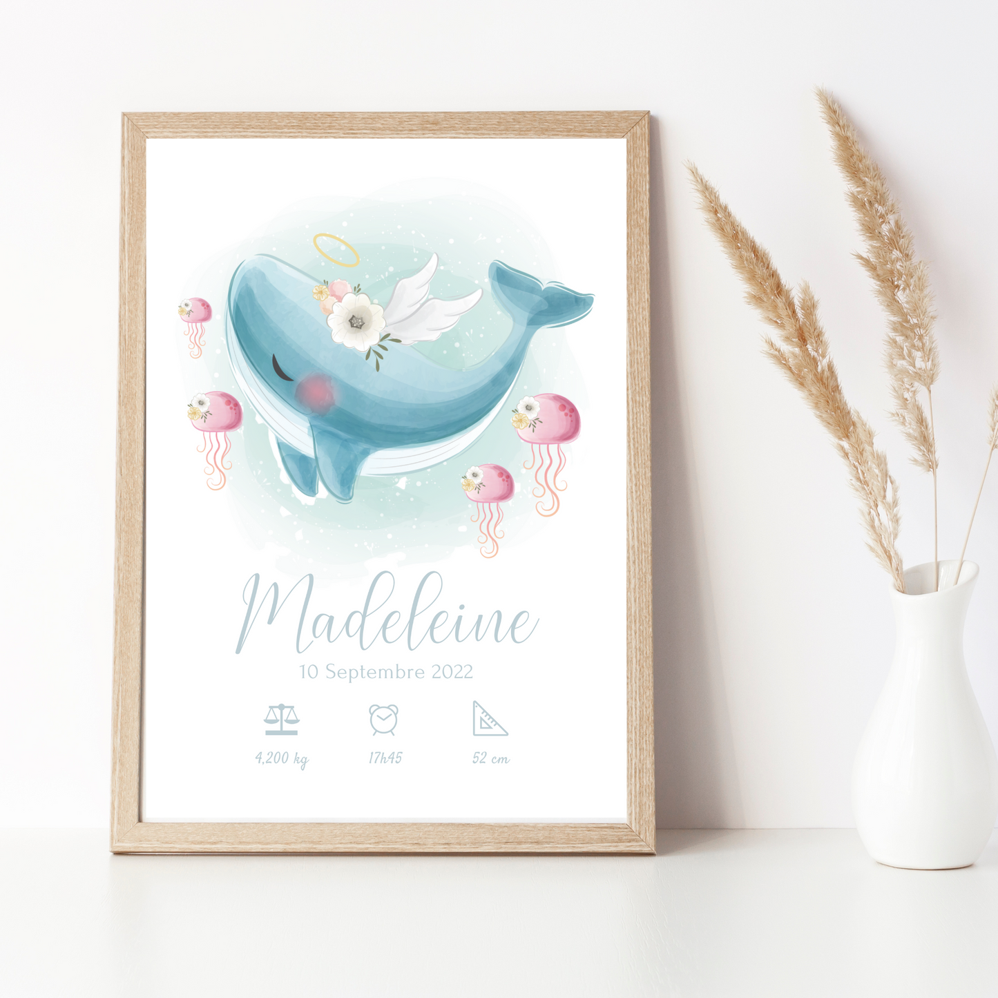 Affiche de naissance personnalisée prénom et baleine - Cadeau de naissance personnalisé  par Le Temps des Paillettes