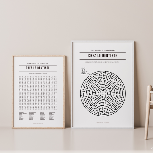 Lot de 2 posters pour dentiste contenant 1 mots mêlés et 1 labyrinthe.