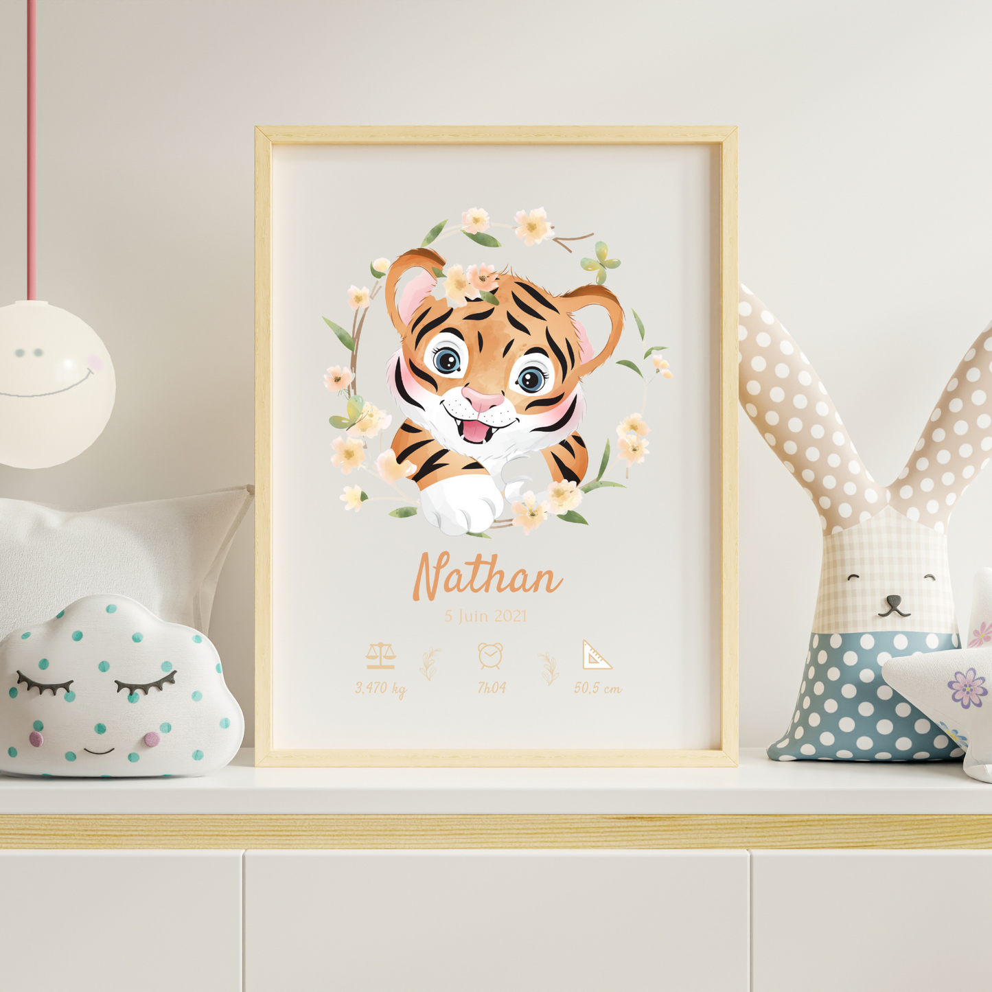 Affiche de naissance tigre - affiche bébé à personnaliser - cadeau naissance - décoration chambre enfant  par Le Temps des Paillettes