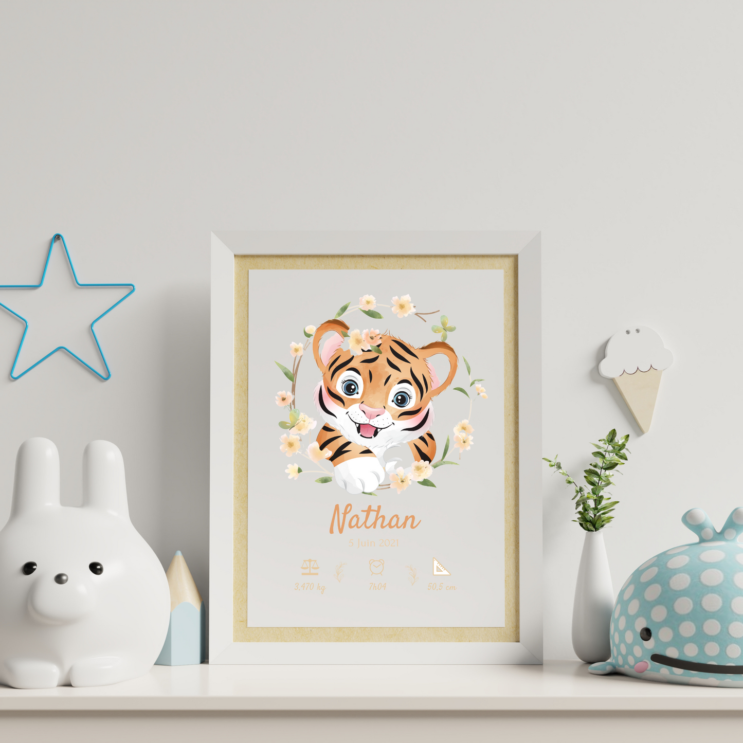 Affiche de naissance tigre - affiche bébé à personnaliser - cadeau naissance - décoration chambre enfant  par Le Temps des Paillettes