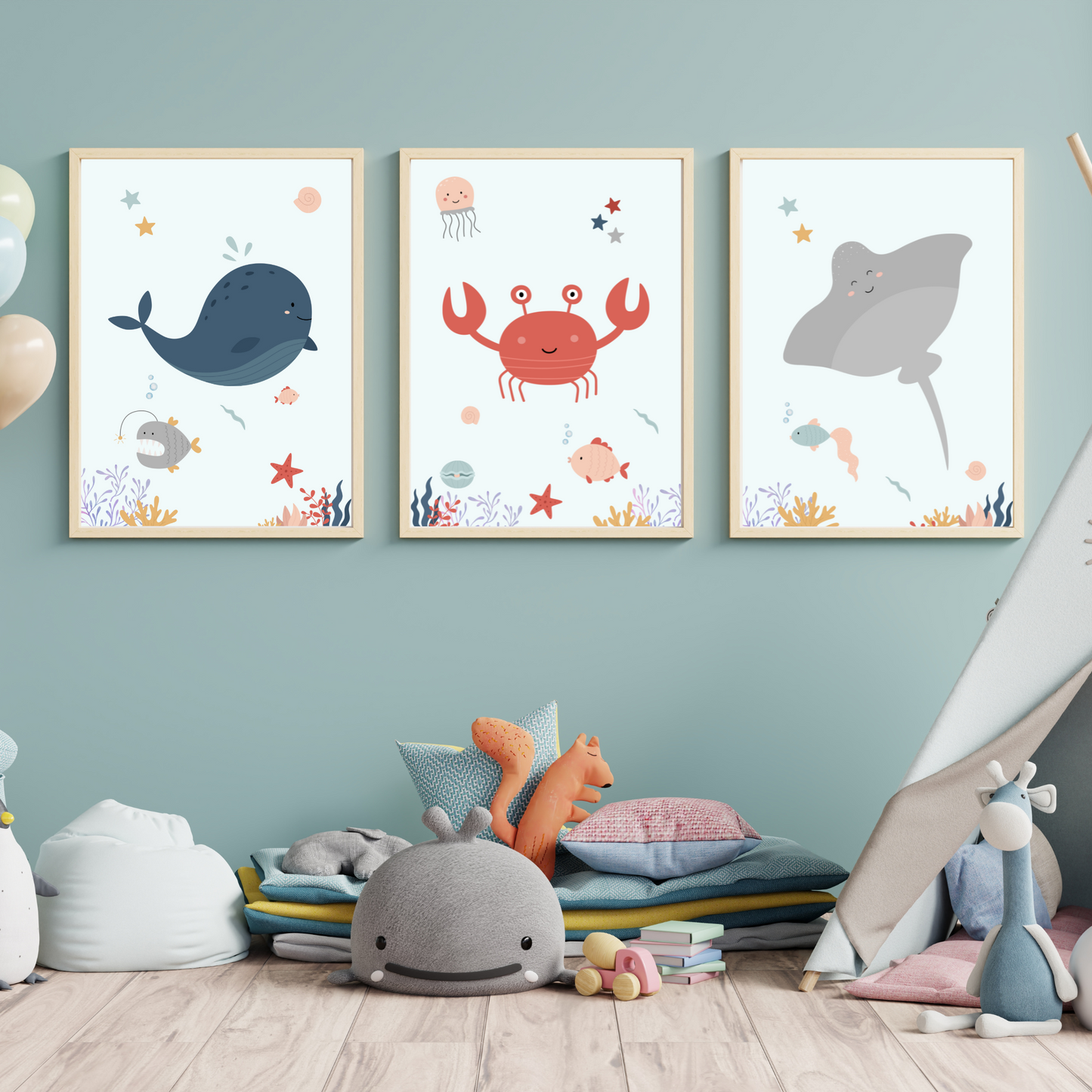 Affiches océan enfant - trio crabe baleine raie - Décoration sous l'océan