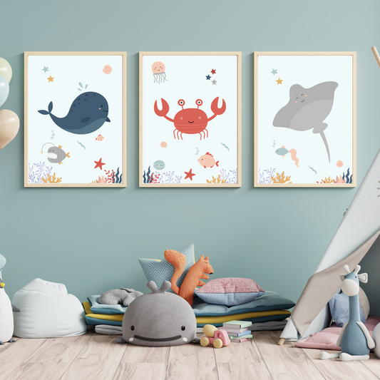 Affiches océan enfant - trio crabe baleine raie - Décoration sous l'océan - Le Temps des Paillettes