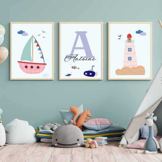 Affiches océan enfant - trio phare bateau prénom  - Décoration marine enfant par Le Temps des Paillettes