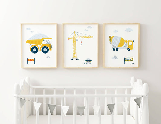 Set 3 affiches Chantier engin camion pelleteuse pour déco chambre enfant par Le Temps des Paillettes - Le Temps des Paillettes