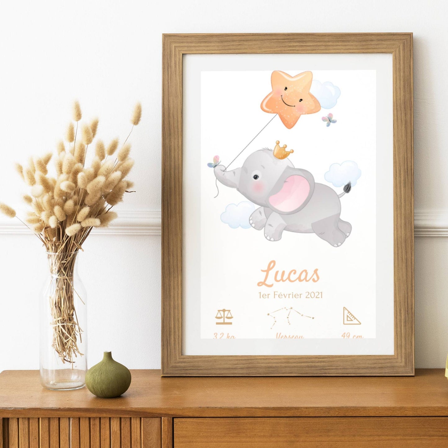 Affiche naissance éléphant - affiche personnalisée  par Le Temps des Paillettes