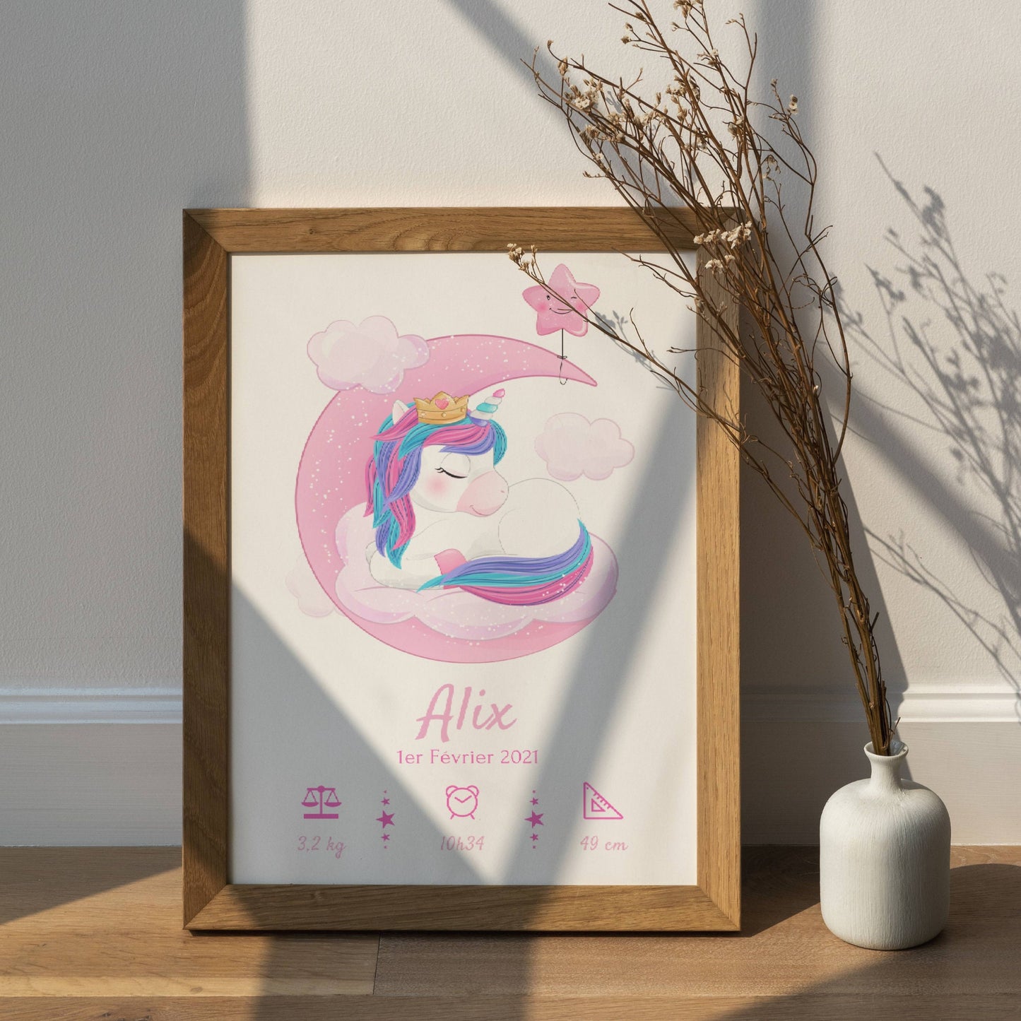 Affiche enfant licorne - Cadeau naissance personnalisé - décoration fille licorne  par Le Temps des Paillettes