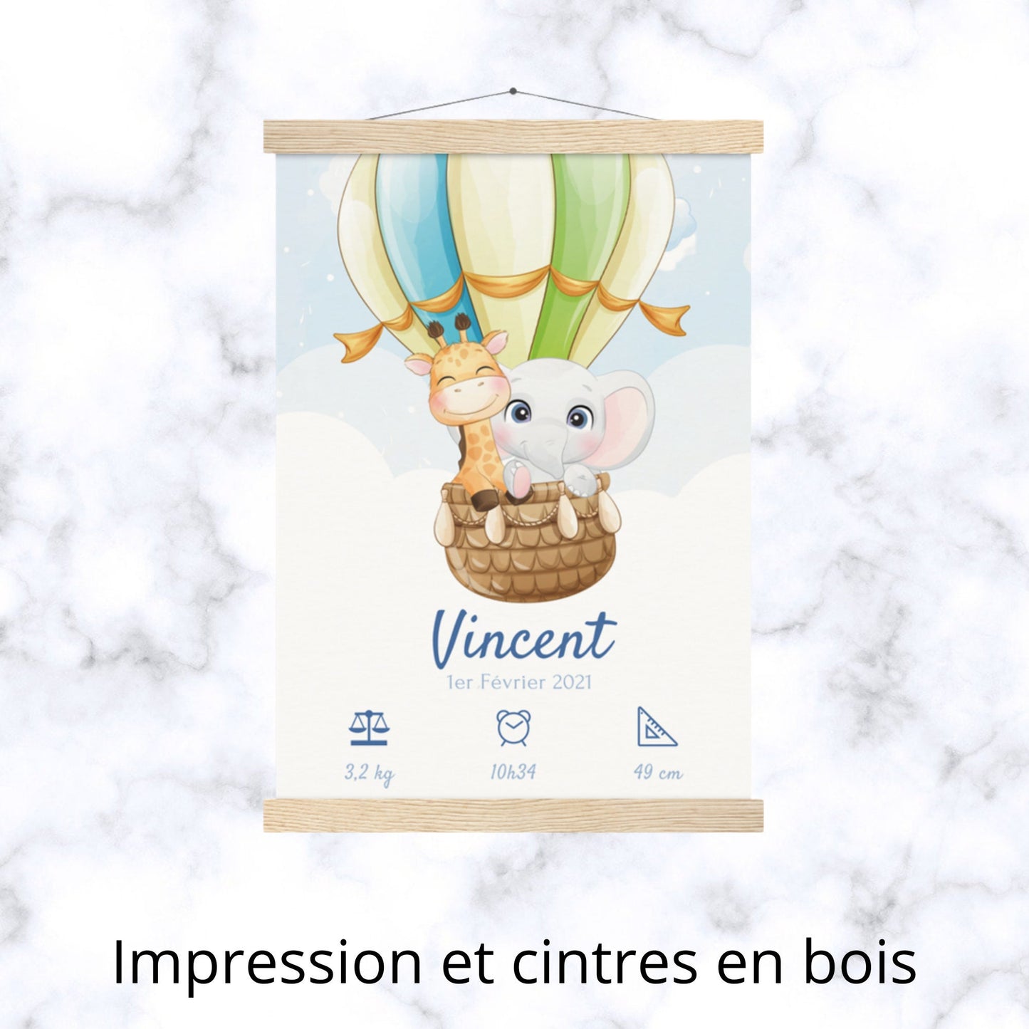 Affiche naissance personnalisée Animaux et montgolfière - cadeau de naissance personnalisé  par Le Temps des Paillettes