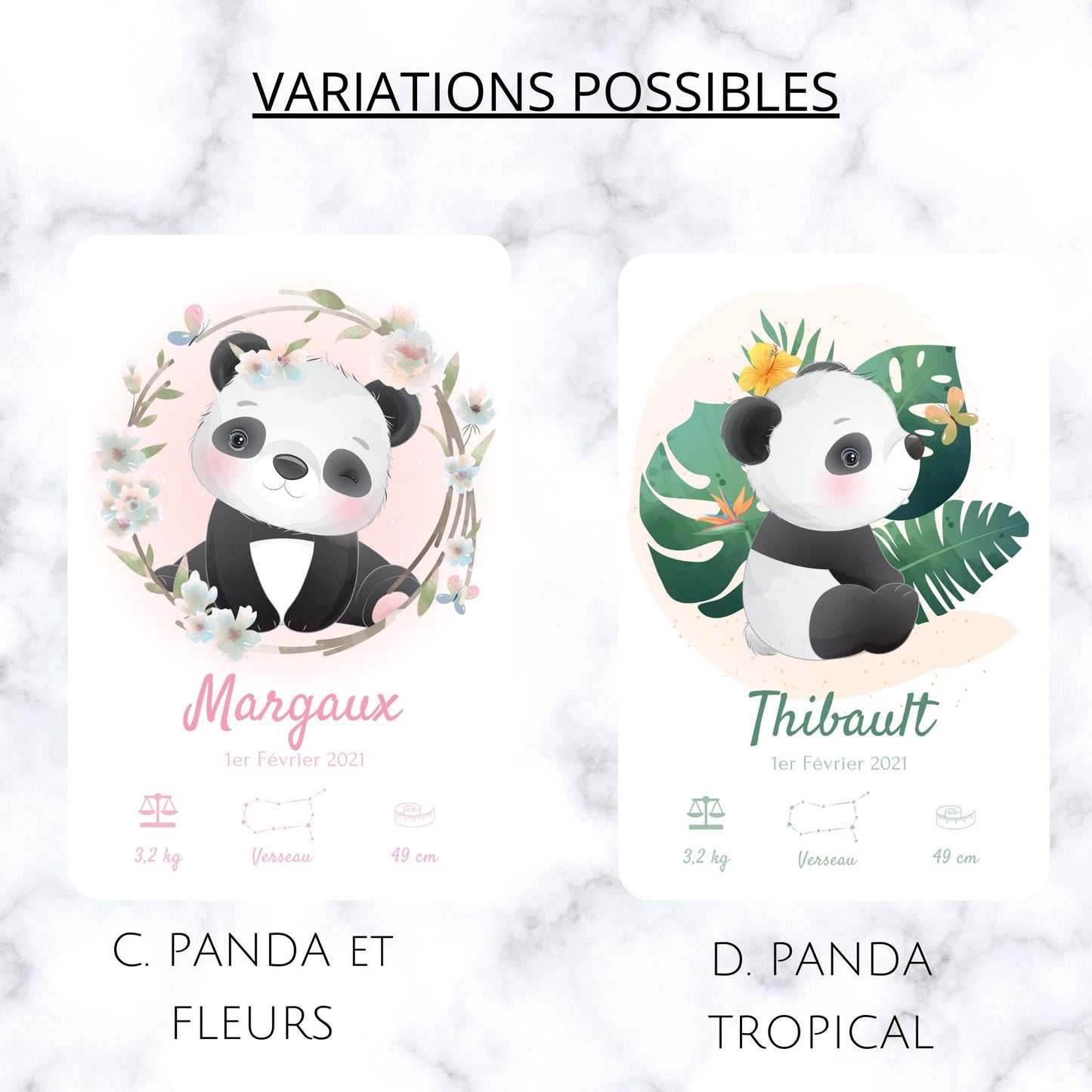 Affiche de naissance panda personnalisé  - affiche panda jungle pour chambre d'enfant