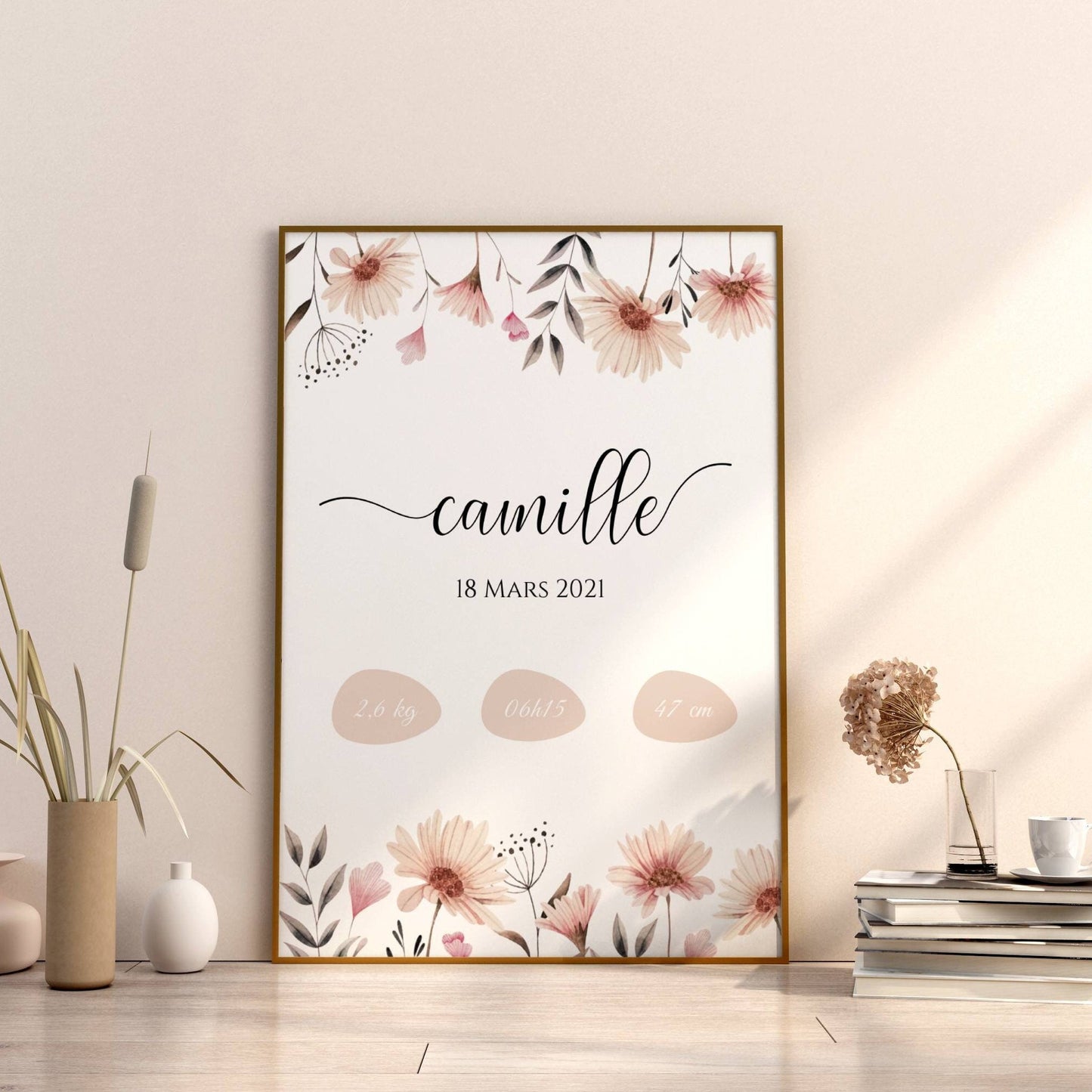 Affiche de naissance personnalisée prénom  et fleurs - décoration chambre bébé fille fleurs pastel  par Le Temps des Paillettes