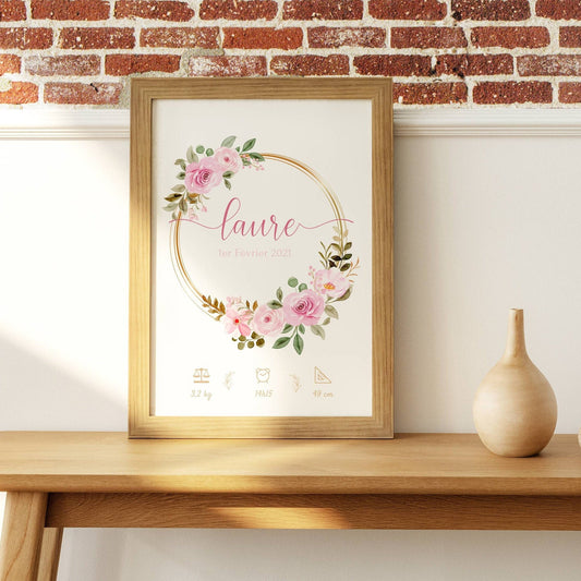 Affiche de naissance fleurs - affiche naissance bébé personnalisée prénom et fleurs - cadeau de naissance par Le Temps des Paillettes - Le Temps des Paillettes