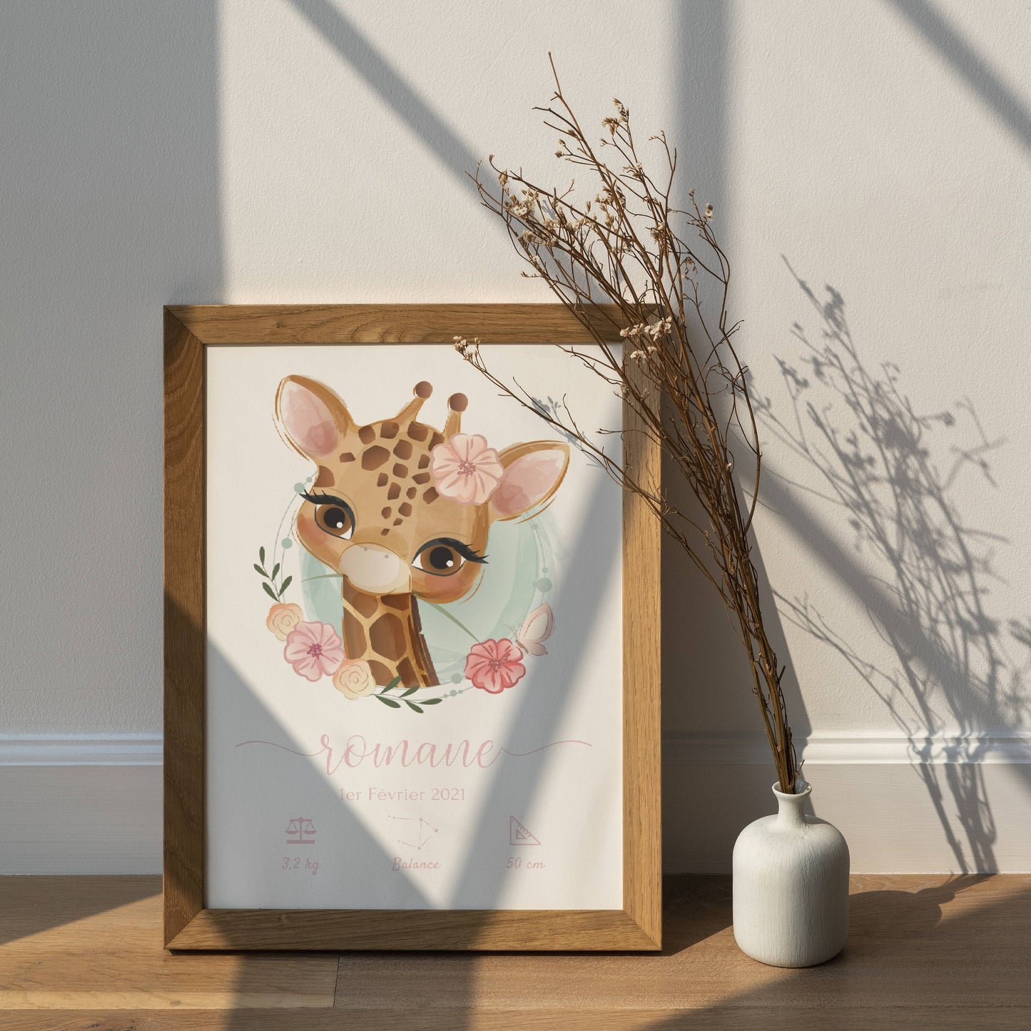 Affiche naissance girafe - affiche bébé personnalisée prénom et girafe - cadeau de naissance  par Le Temps des Paillettes