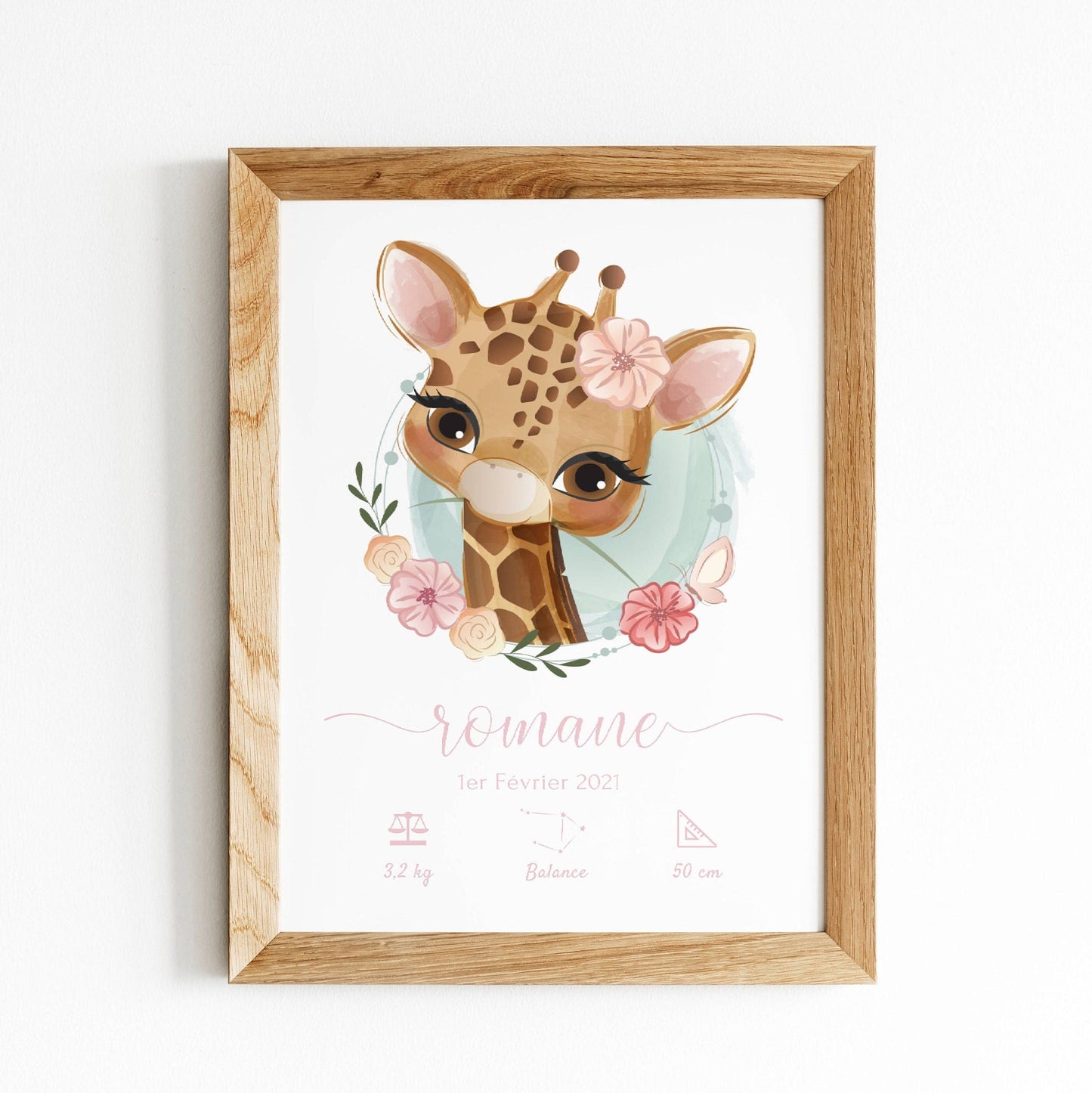 Affiche naissance girafe - affiche bébé personnalisée prénom et girafe - cadeau de naissance  par Le Temps des Paillettes
