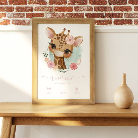 Affiche naissance girafe - affiche bébé personnalisée prénom et girafe - cadeau de naissance  par Le Temps des Paillettes