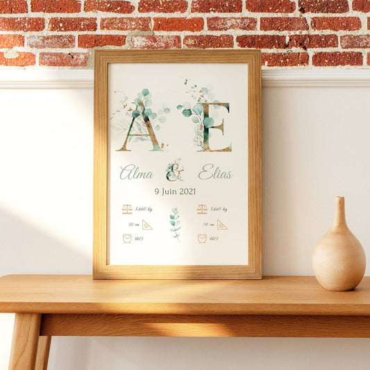 Affiche naissance jumeaux - affiche pour jumeaux - affiche personnalisée prénom initiale eucalyptus par Le Temps des Paillettes - Le Temps des Paillettes