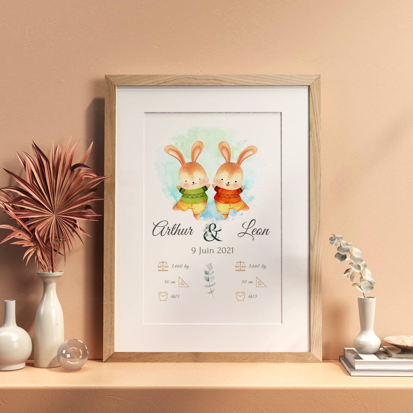 Affiche jumeaux personnalisée - affiche de naissance jumeaux - affiche enfant lapin aquarelle  par Le Temps des Paillettes