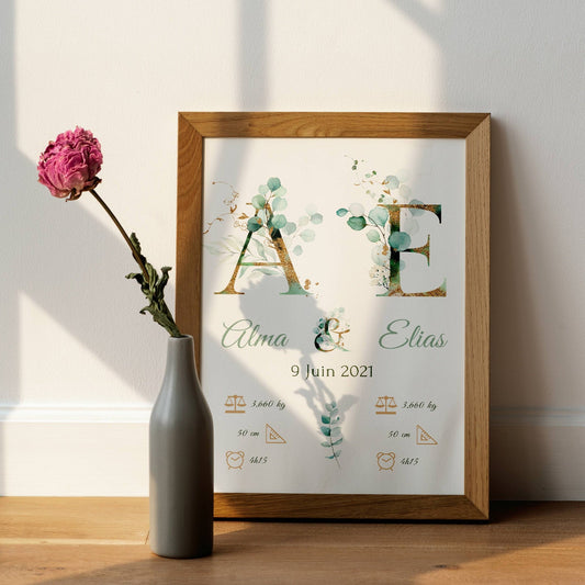 Affiche naissance jumeaux - affiche pour jumeaux - affiche personnalisée prénom initiale eucalyptus par Le Temps des Paillettes - Le Temps des Paillettes