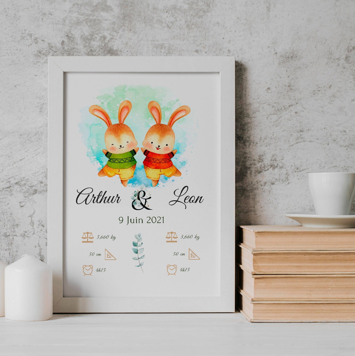 Affiche jumeaux personnalisée - affiche de naissance jumeaux - affiche enfant lapin aquarelle  par Le Temps des Paillettes