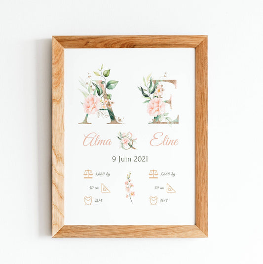 Affiche jumeaux personnalisée - affiche de naissance jumeaux - affiche enfant fleurs roses par Le Temps des Paillettes - Le Temps des Paillettes