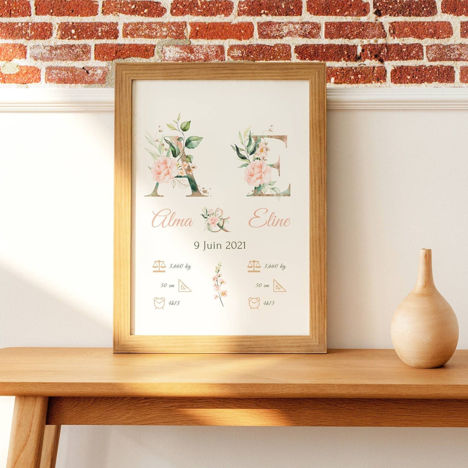 Affiche jumeaux personnalisée  - affiche de naissance jumeaux - affiche enfant fleurs roses  par Le Temps des Paillettes - Le Temps des Paillettes