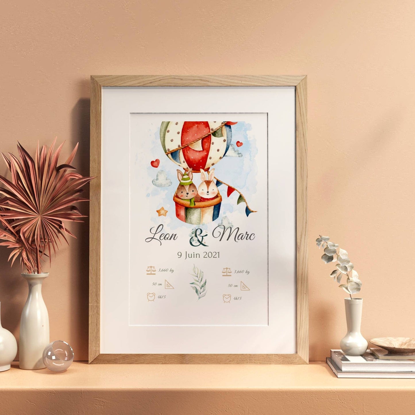 Affiche jumeaux personnalisé - affiche de naissance jumeaux - affiche enfant lapins dans une montgolfière  par Le Temps des Paillettes