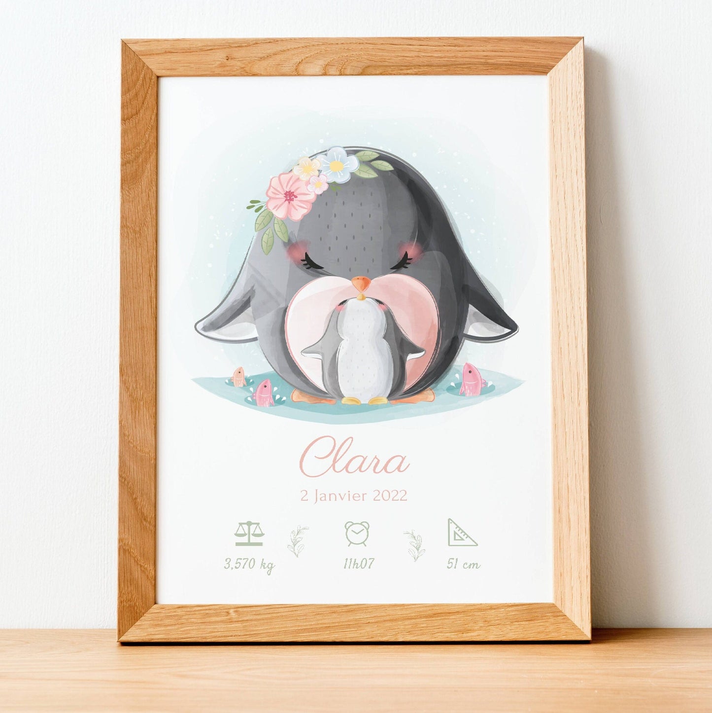 Affiche naissance pingouin - affiche bébé personnalisée prénom, bébé pingouin  par Le Temps des Paillettes