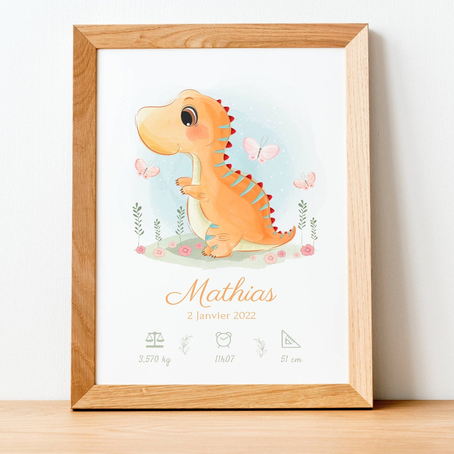 Affiche enfant dinosaure mignon - affiche bébé personnalisée prénom dinosaure  par Le Temps des Paillettes