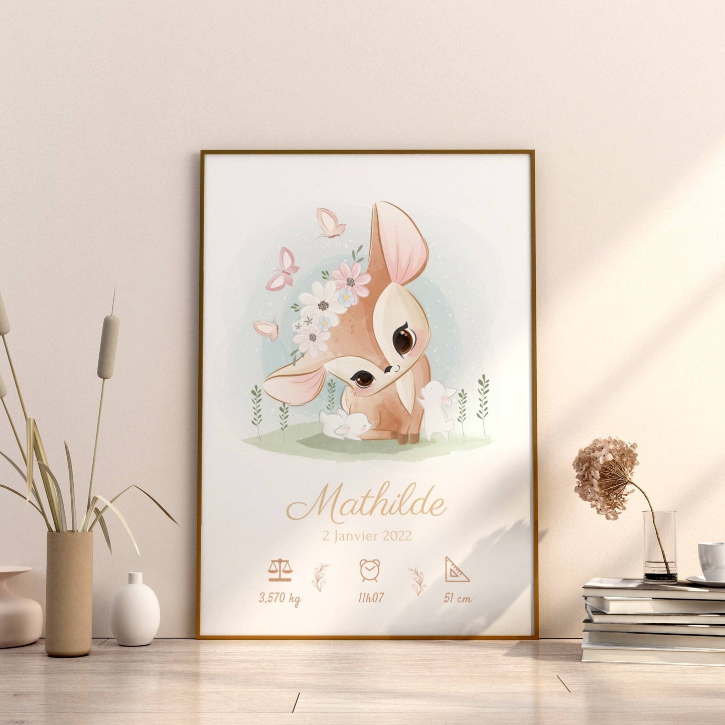Affiche enfant biche- affiche bébé personnalisée prénom cerf - cadeau de naissance personnalisé  par Le Temps des Paillettes