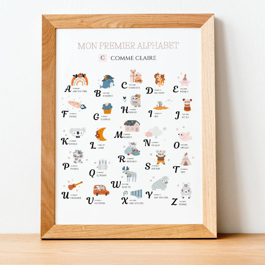 Affiche Alphabet Abécédaire personnalisable prénom- Chambre fille garçon - Illustration chambre enfant bébé par Le Temps des Paillettes - Le Temps des Paillettes