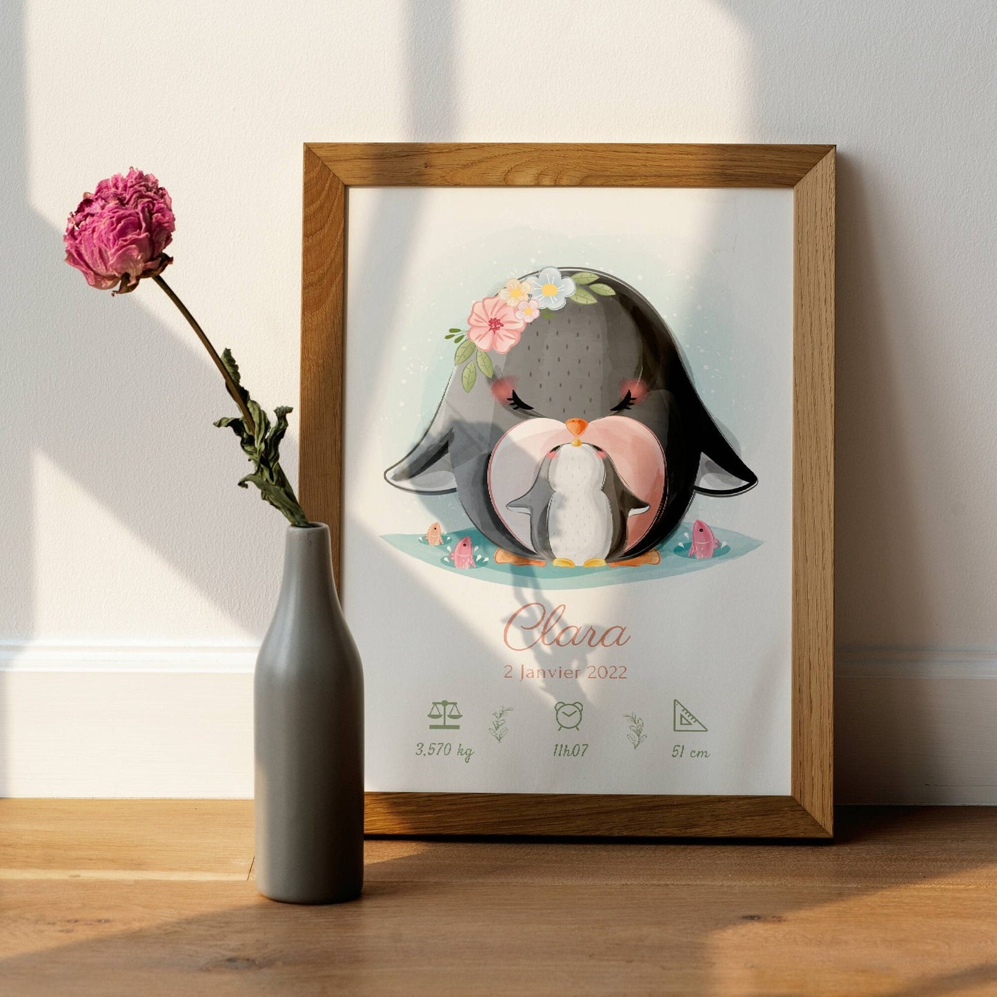 Affiche naissance pingouin - affiche bébé personnalisée prénom, bébé pingouin  par Le Temps des Paillettes