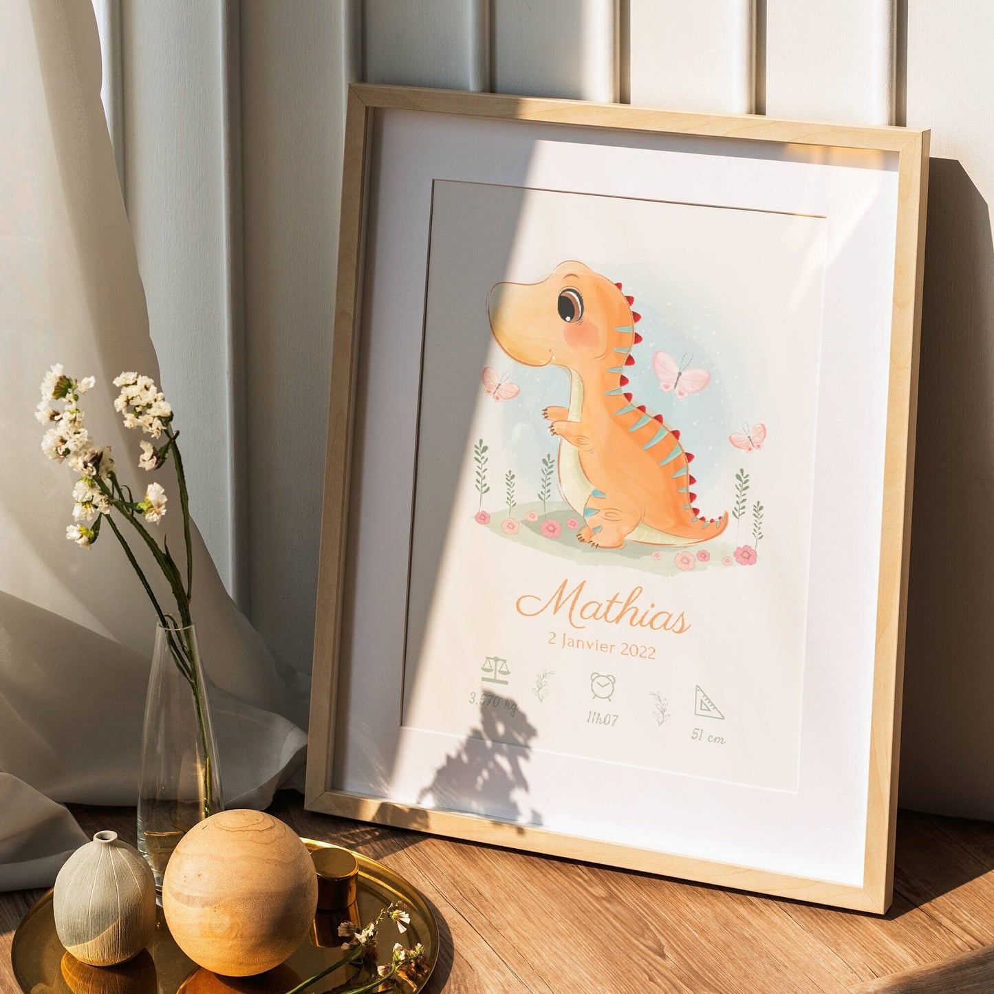 Affiche enfant dinosaure mignon - affiche bébé personnalisée prénom dinosaure  par Le Temps des Paillettes