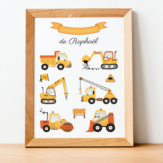 Affiche enfant engins de chantier - affiche enfant véhicules - affiche enfant voitures par Le Temps des Paillettes - Le Temps des Paillettes