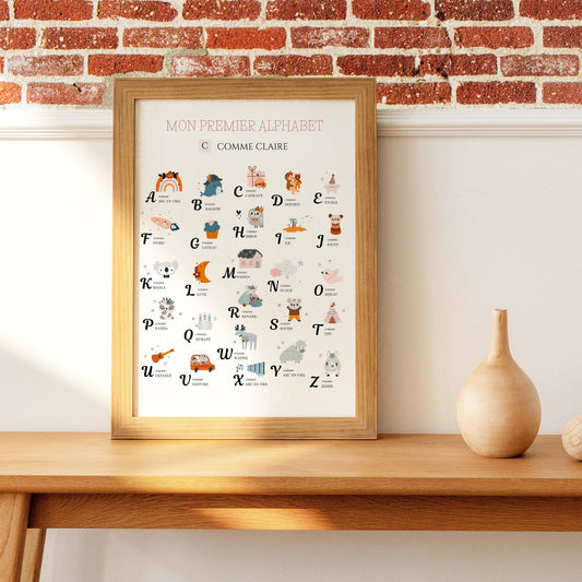 Affiche Alphabet Abécédaire personnalisable prénom- Chambre fille garçon - Illustration chambre enfant bébé par Le Temps des Paillettes - Le Temps des Paillettes