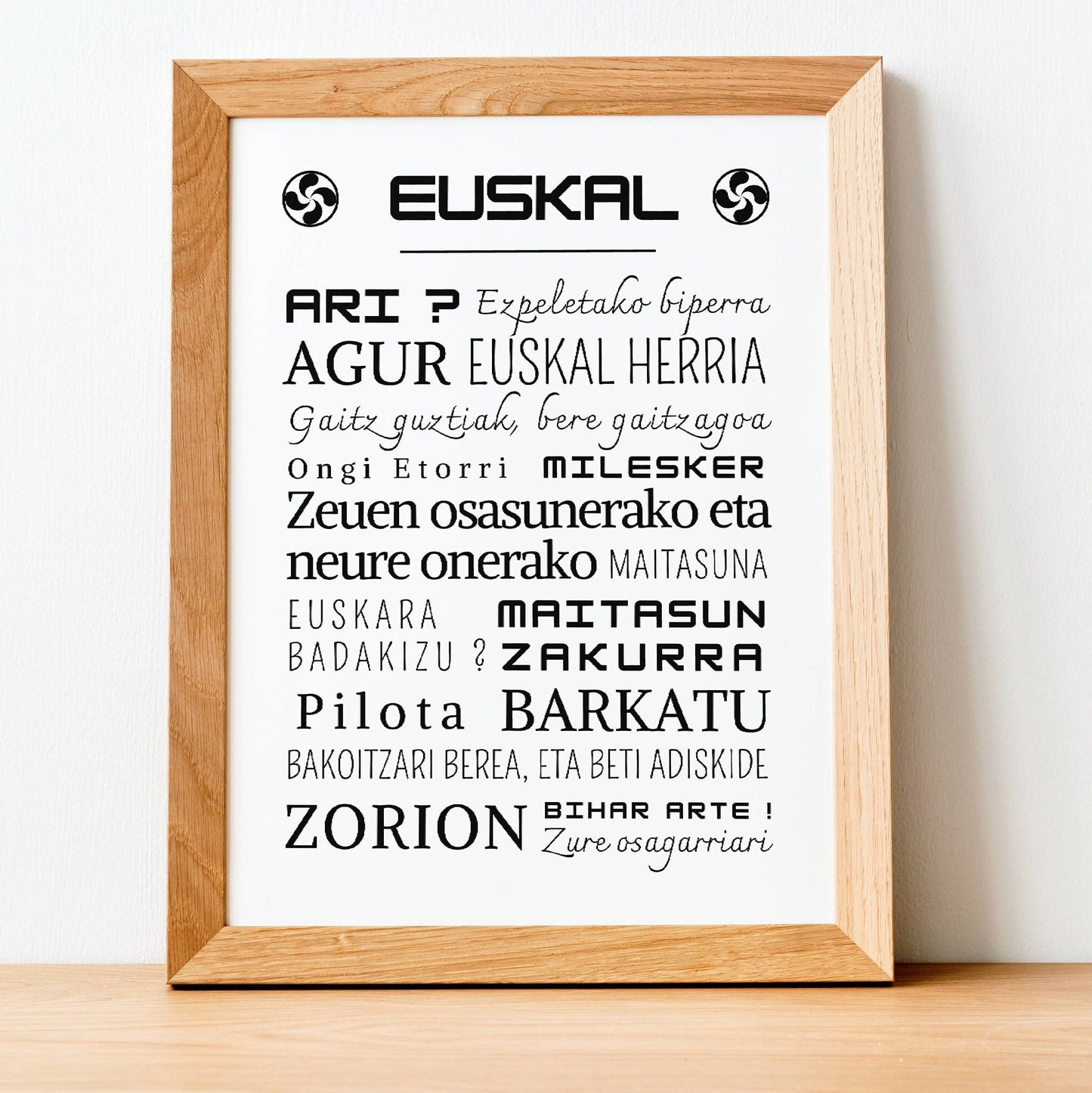 Affiche mots basque - Affiche mots et expressions langue basque - Poster EUSKAL - Affiche Euskal Herria  par Le Temps des Paillettes