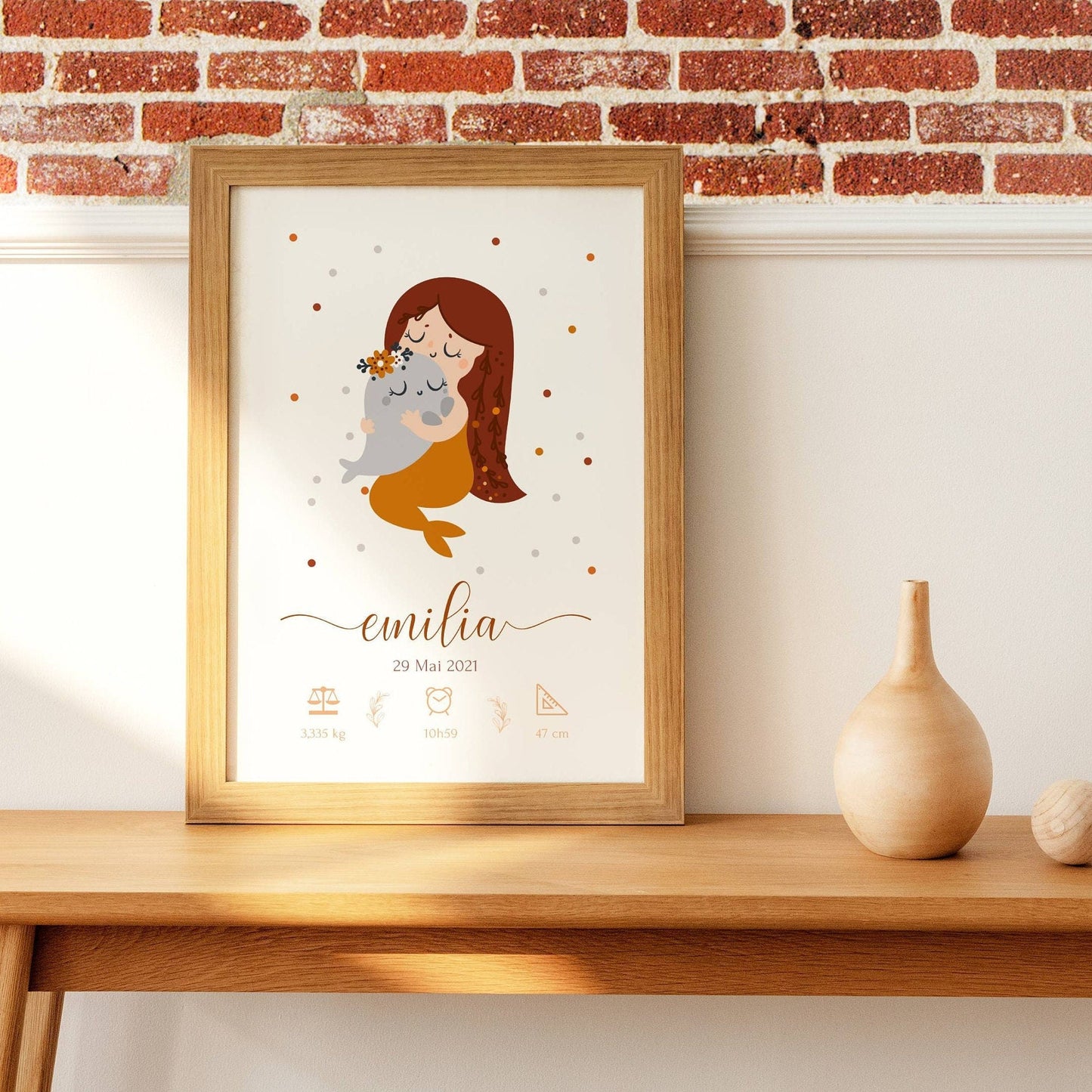 Affiche bébé bohème - affiche enfant sirène - affiche naissance bébé personnalisée prénom Terracotta  par Le Temps des Paillettes