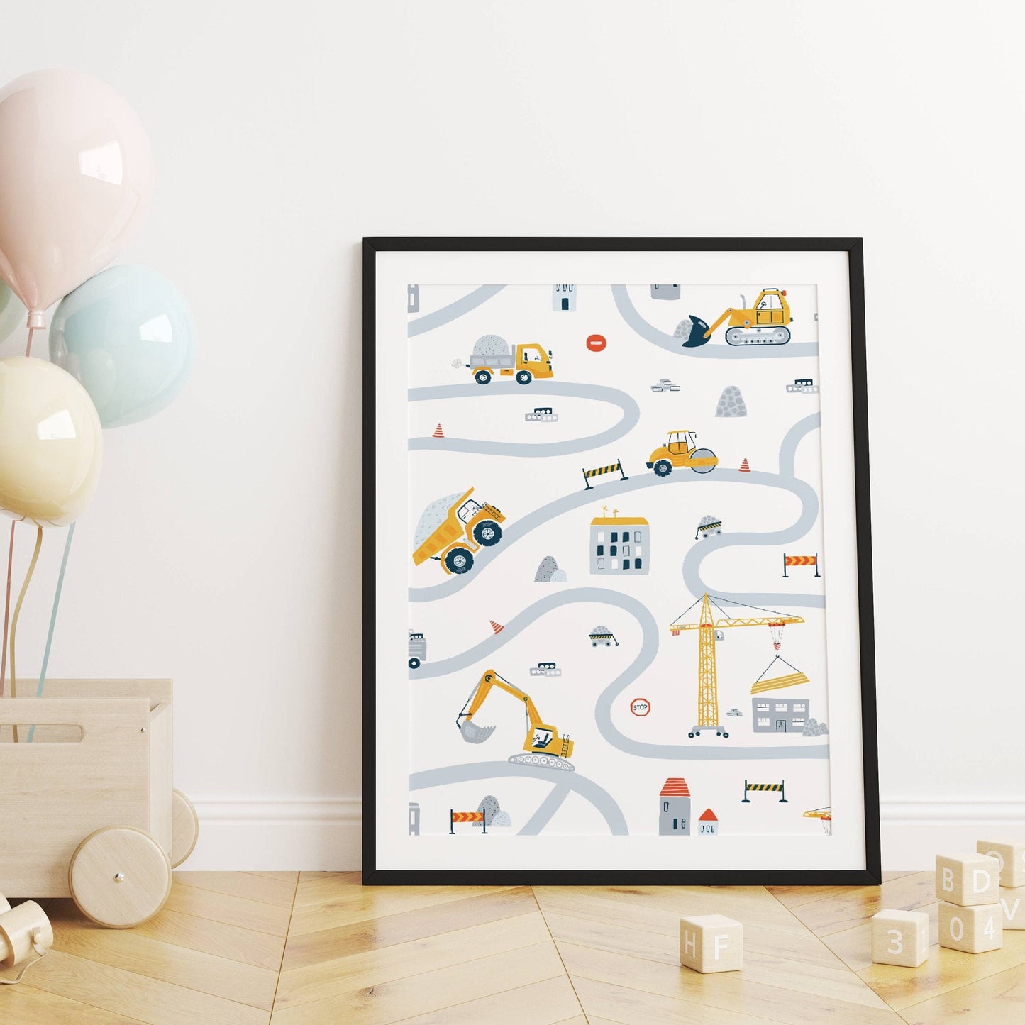 affiche enfant véhicules personnalisé -  engins de chantier & route - poster bébé voitures   par Le Temps des Paillettes