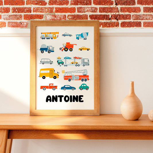 affiche enfant véhicules personnalisé - engins de chantier & route - poster bébé voitures par Le Temps des Paillettes - Le Temps des Paillettes