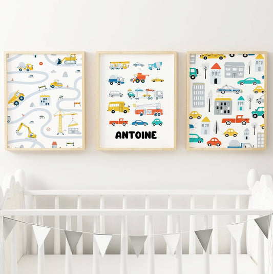 affiche enfant véhicules personnalisé - engins de chantier & route - poster bébé voitures par Le Temps des Paillettes - Le Temps des Paillettes