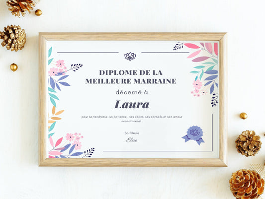 Affiche diplôme meilleure marraine - Idée cadeau marraine personnalisé - cadeau marraine par Le Temps des Paillettes - Le Temps des Paillettes