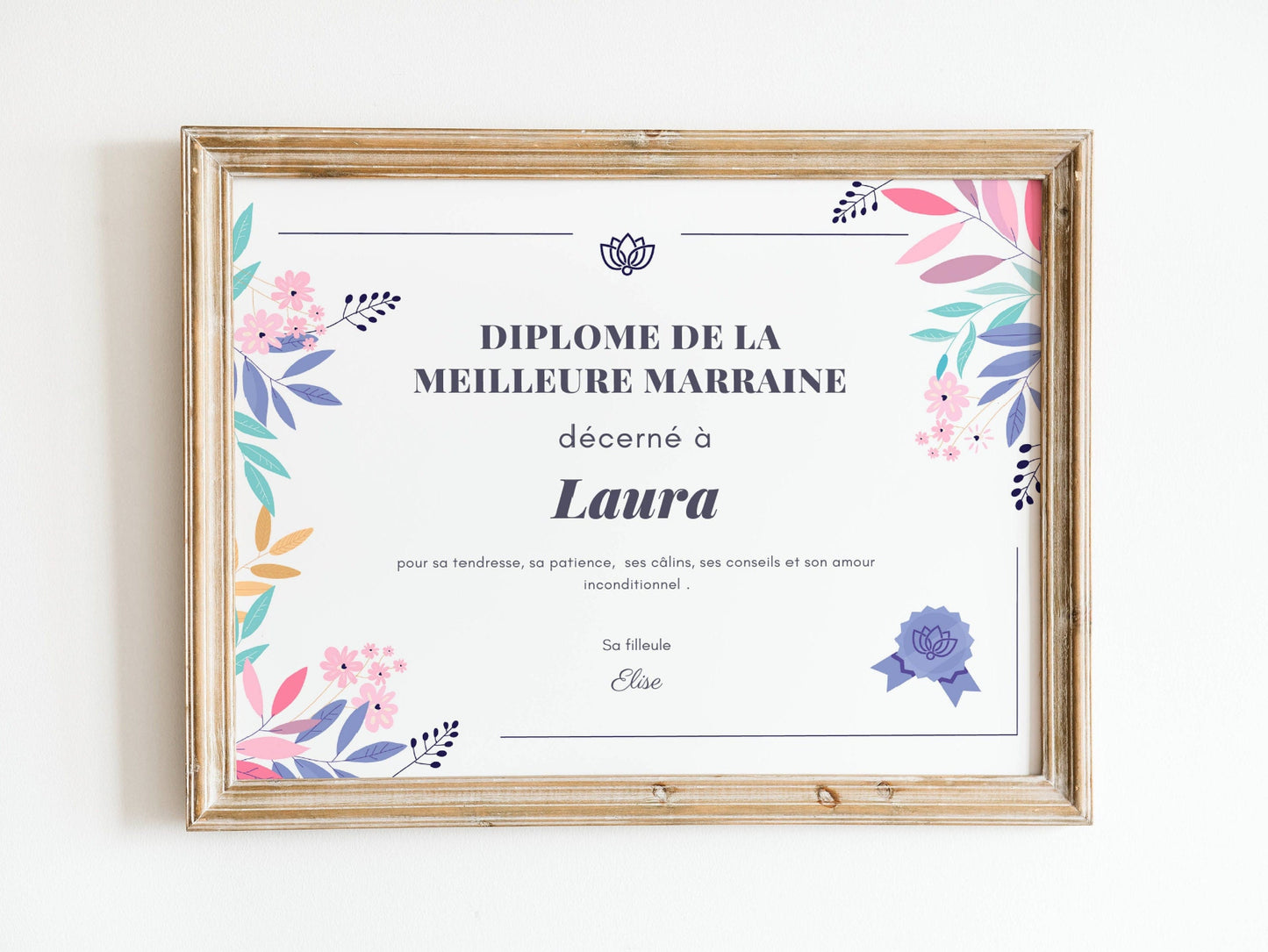 Affiche diplôme meilleure marraine  - Idée cadeau marraine  personnalisé - cadeau marraine  par Le Temps des Paillettes