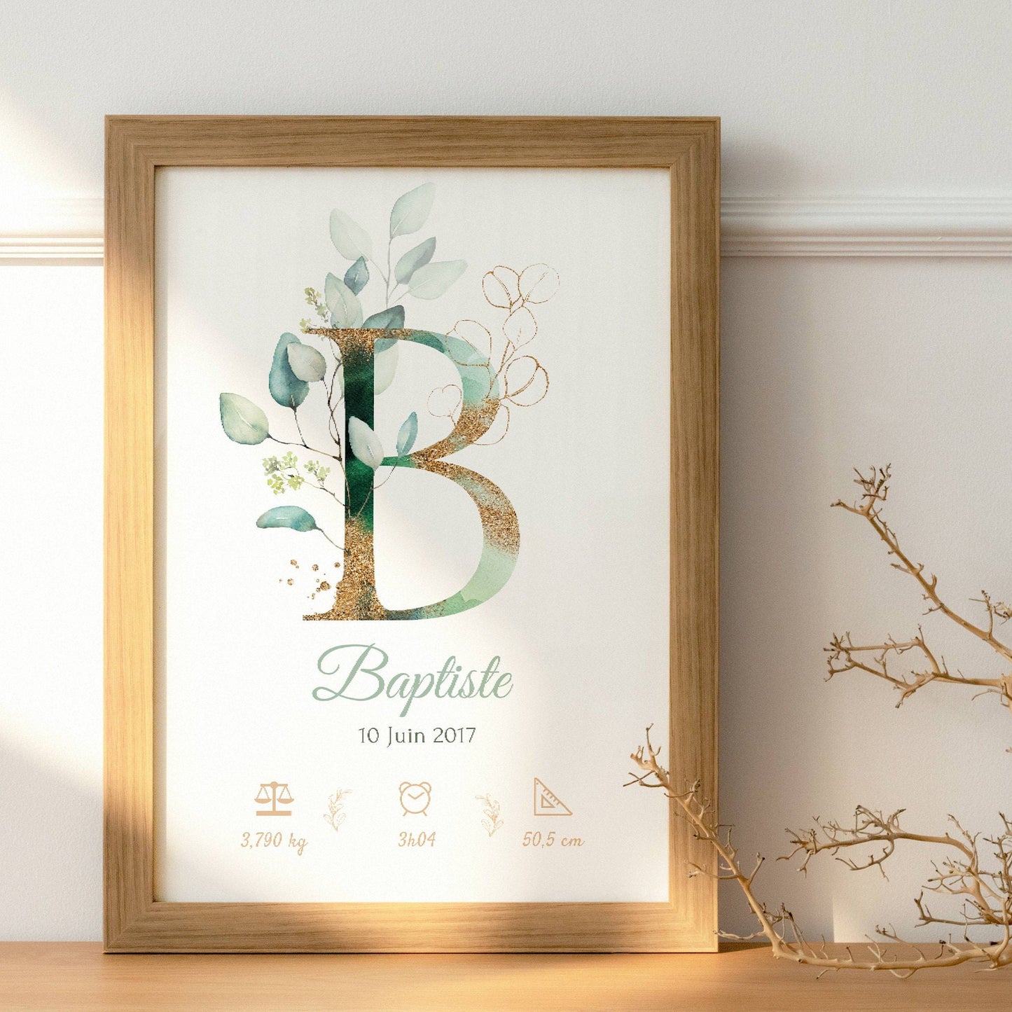 Affiche de naissance personnalisée prénom  initiale eucalyptus - Cadeau de naissance personnalisé  par Le Temps des Paillettes