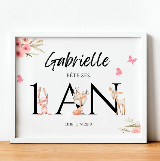 Affiche anniversaire enfant personnalisée - Affiche animaux forêt rose - Panneau bienvenue anniversaire par Le Temps des Paillettes - Le Temps des Paillettes