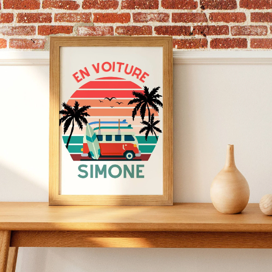 Affiche En voiture Simone - Affiche voyage et van - Affiche vintage sunset avec van  par Le Temps des Paillettes