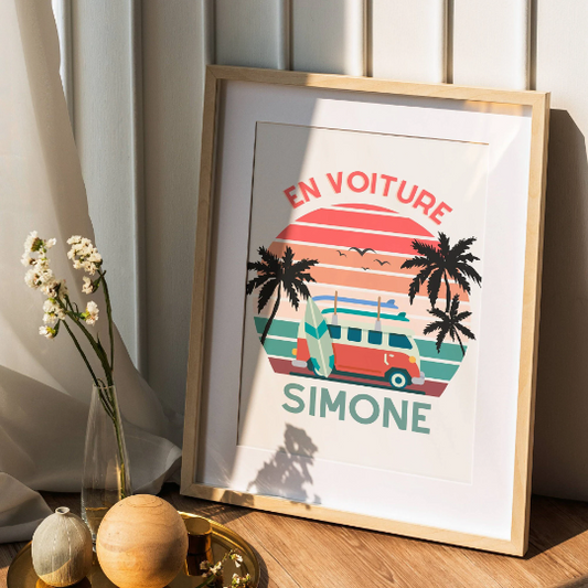 Affiche En voiture Simone - Affiche voyage et van - Affiche vintage sunset avec van par Le Temps des Paillettes - Le Temps des Paillettes