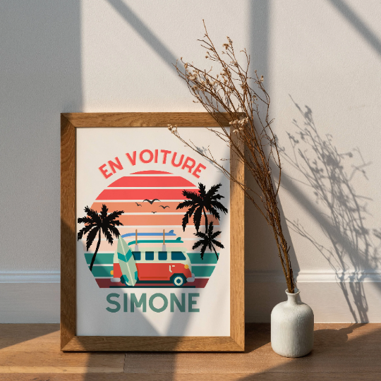 Affiche En voiture Simone - Affiche voyage et van - Affiche vintage sunset avec van  par Le Temps des Paillettes