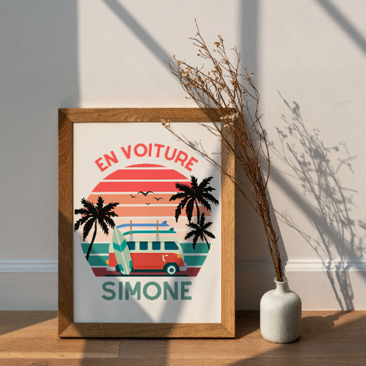 Affiche En voiture Simone - Affiche voyage et van - Affiche vintage sunset avec van par Le Temps des Paillettes - Le Temps des Paillettes