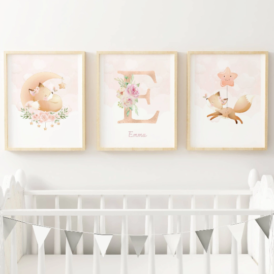 Set 3 affiches renard aquarelle pour chambre enfant - cadeau de naissance par Le temps des paillettes