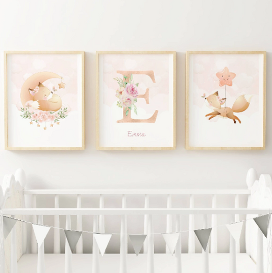 Set 3 affiches renard aquarelle pour chambre enfant - cadeau de naissance par Le temps des paillettes